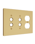 Solid brass Futura Push Button & Outlet Wall Plate – Triple in Satin Brass finish
