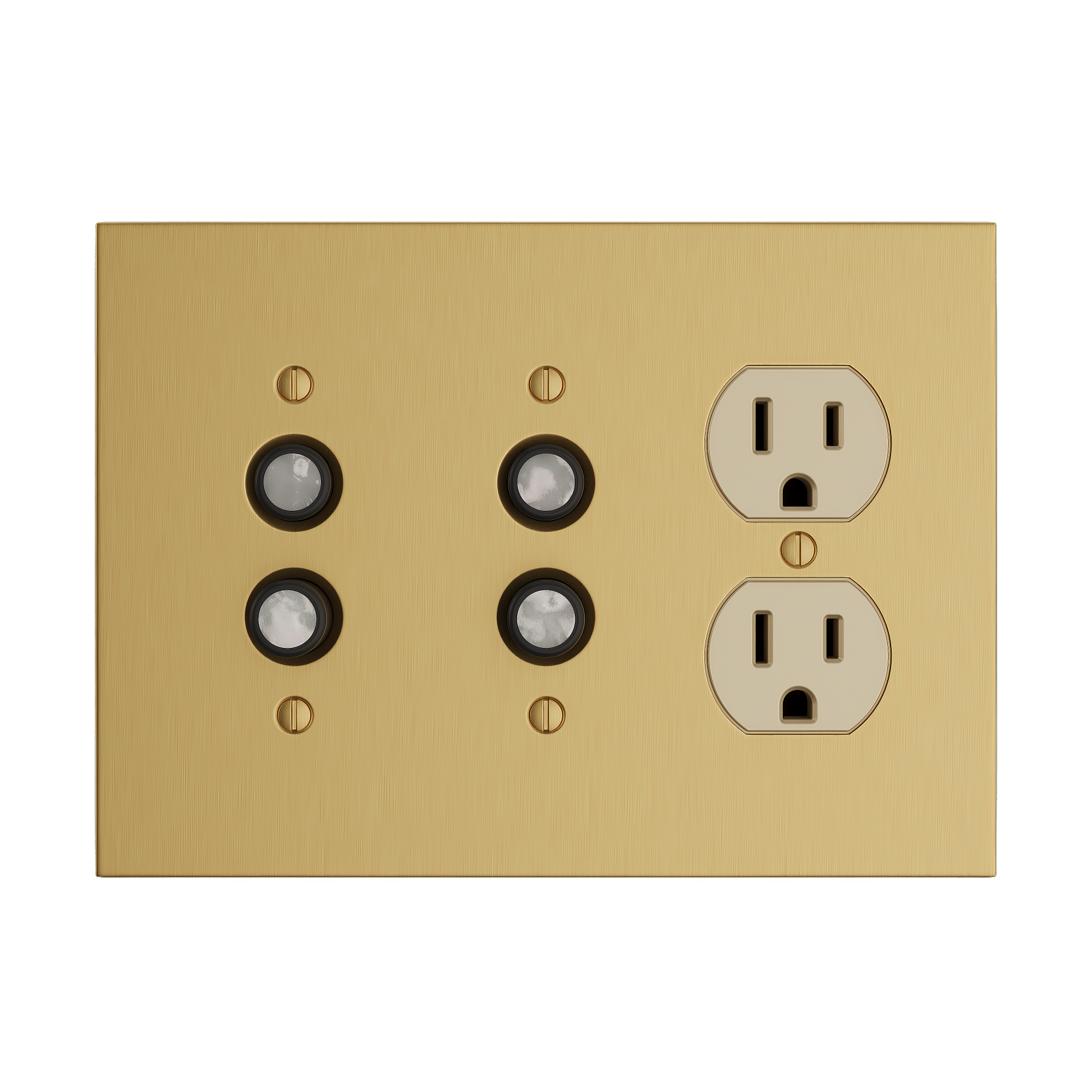 Solid brass Futura Push Button &amp; Outlet Wall Plate – Triple in Satin Brass finish