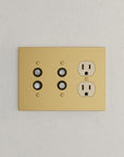 Solid brass Futura Push Button & Outlet Wall Plate – Triple in Satin Brass finish