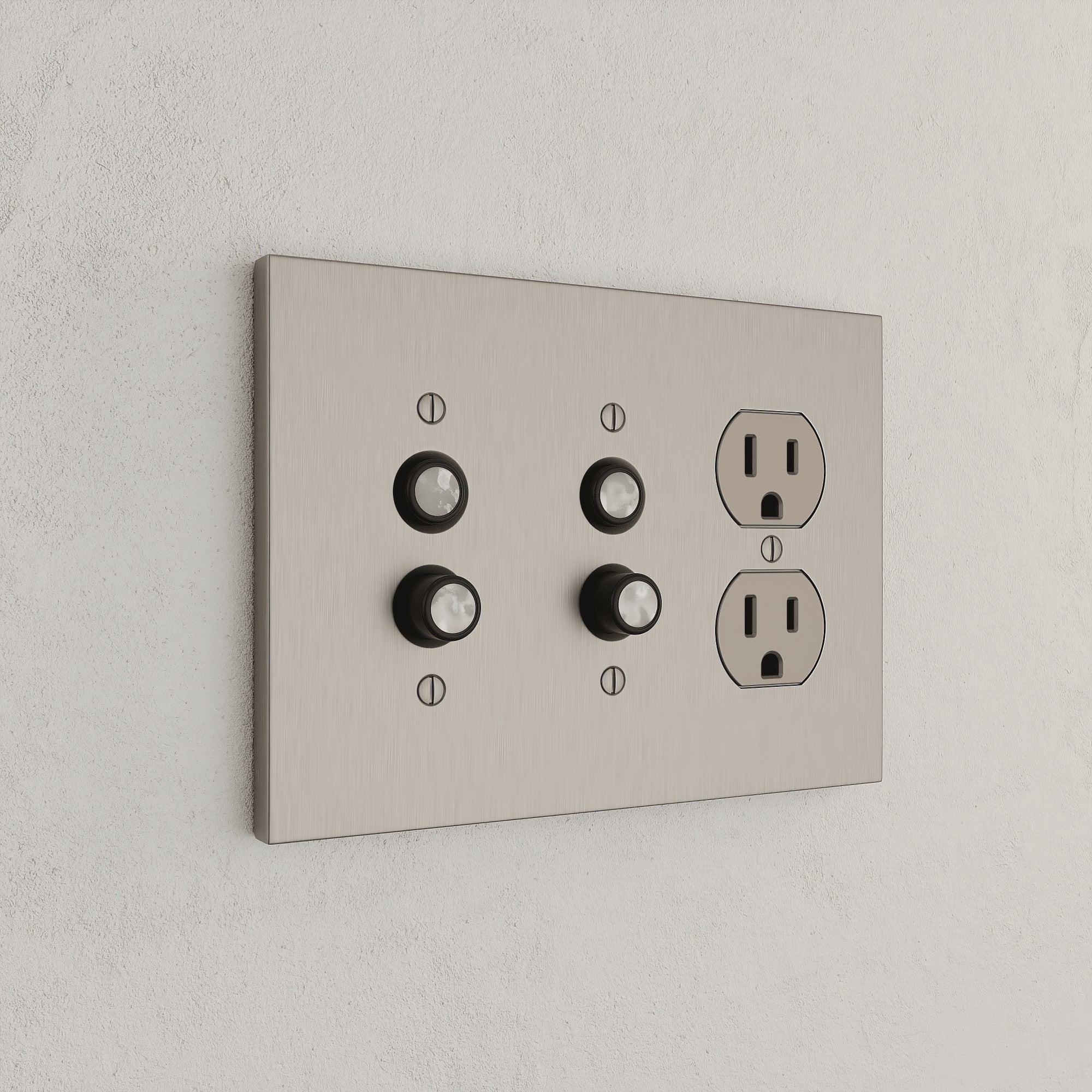 Solid brass Futura Push Button &amp; Outlet Wall Plate – Triple in Satin Nickel finish