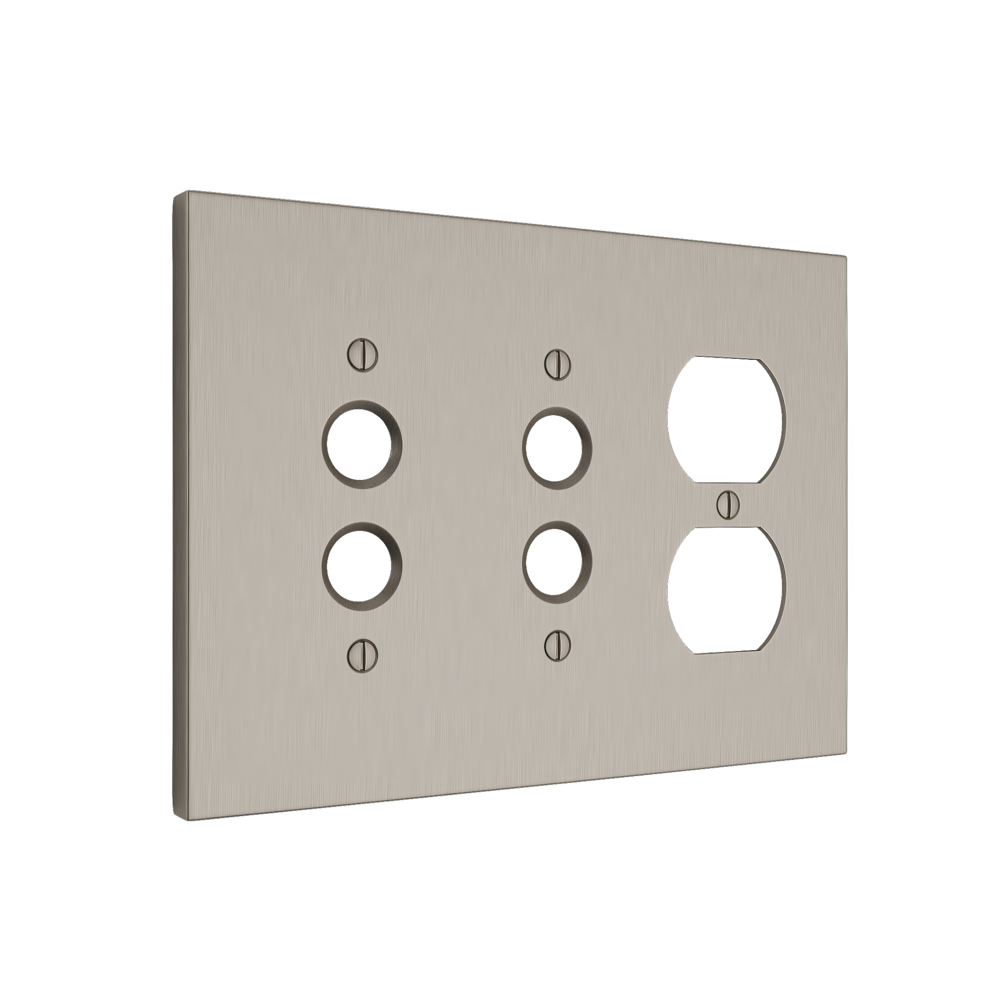 Solid brass Futura Push Button & Outlet Wall Plate – Triple in Satin Nickel finish