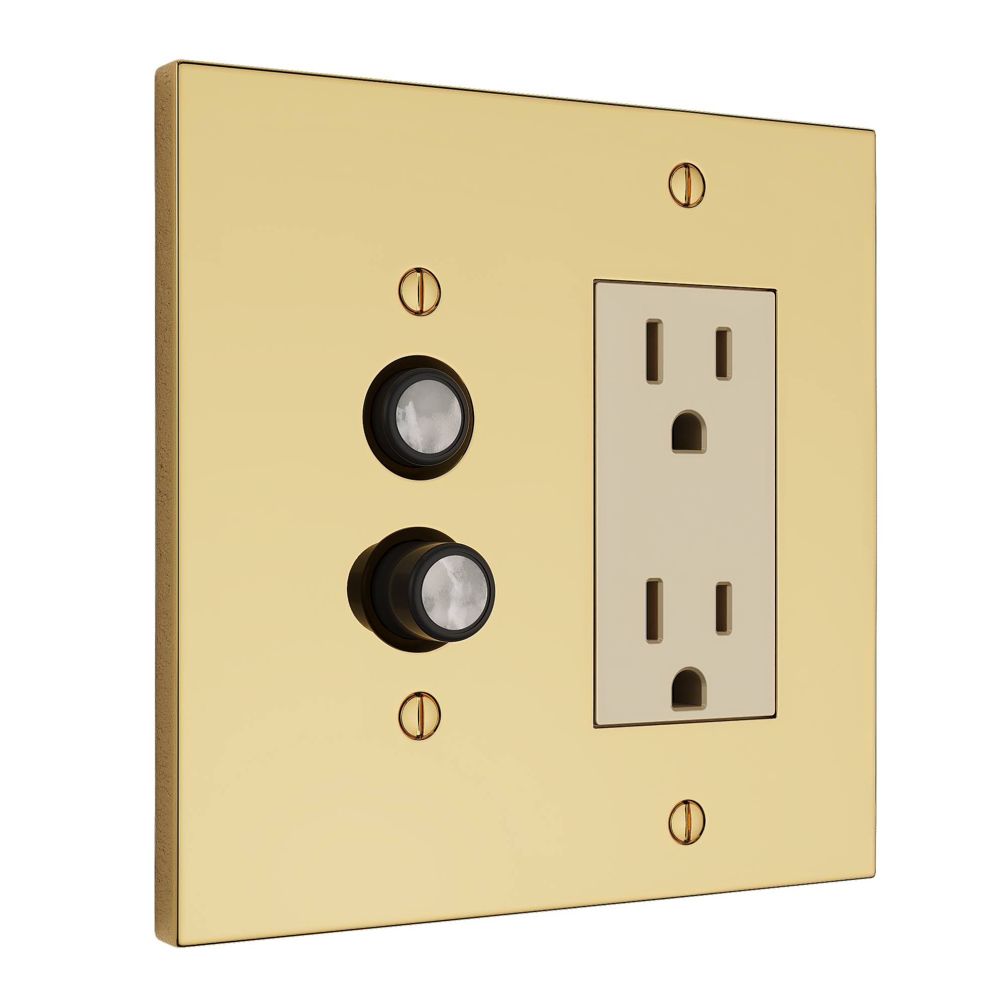 Solid brass Futura Push Button &amp; Open Wall Plate – Double in Polished Brass finish