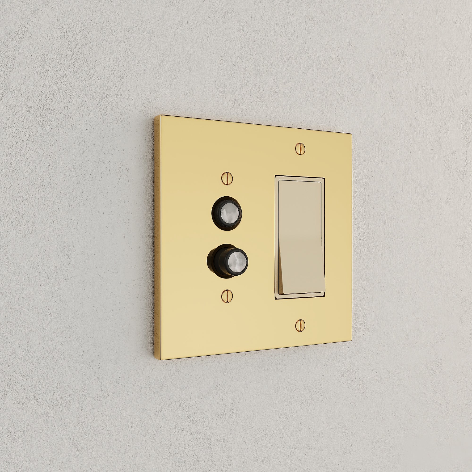 Solid brass Futura Push Button &amp; Open Wall Plate – Double in Polished Brass finish