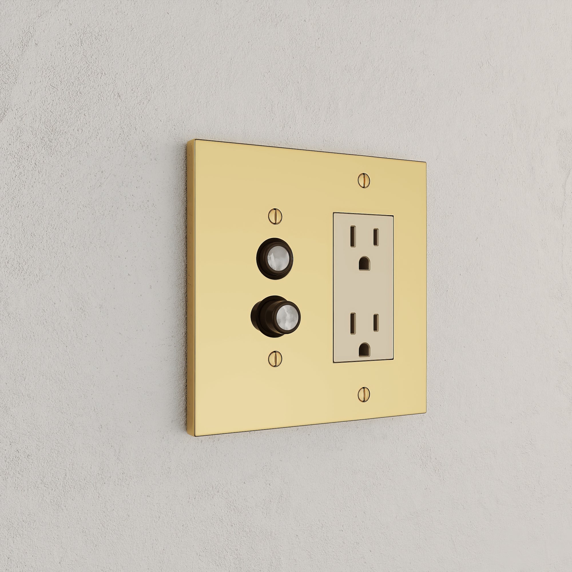 Solid brass Futura Push Button &amp; Open Wall Plate – Double in Polished Brass finish