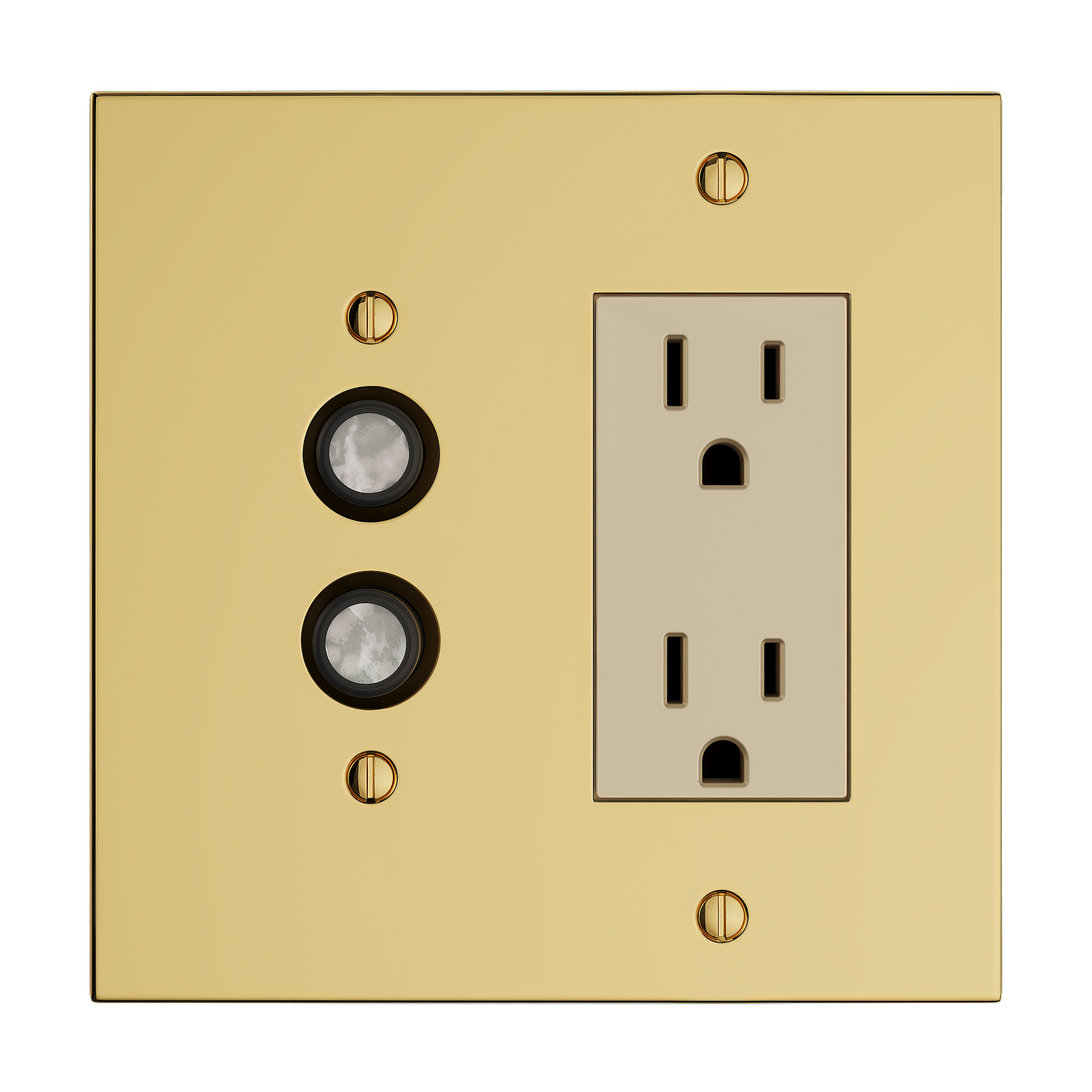 Solid brass Futura Push Button &amp; Open Wall Plate – Double in Polished Brass finish