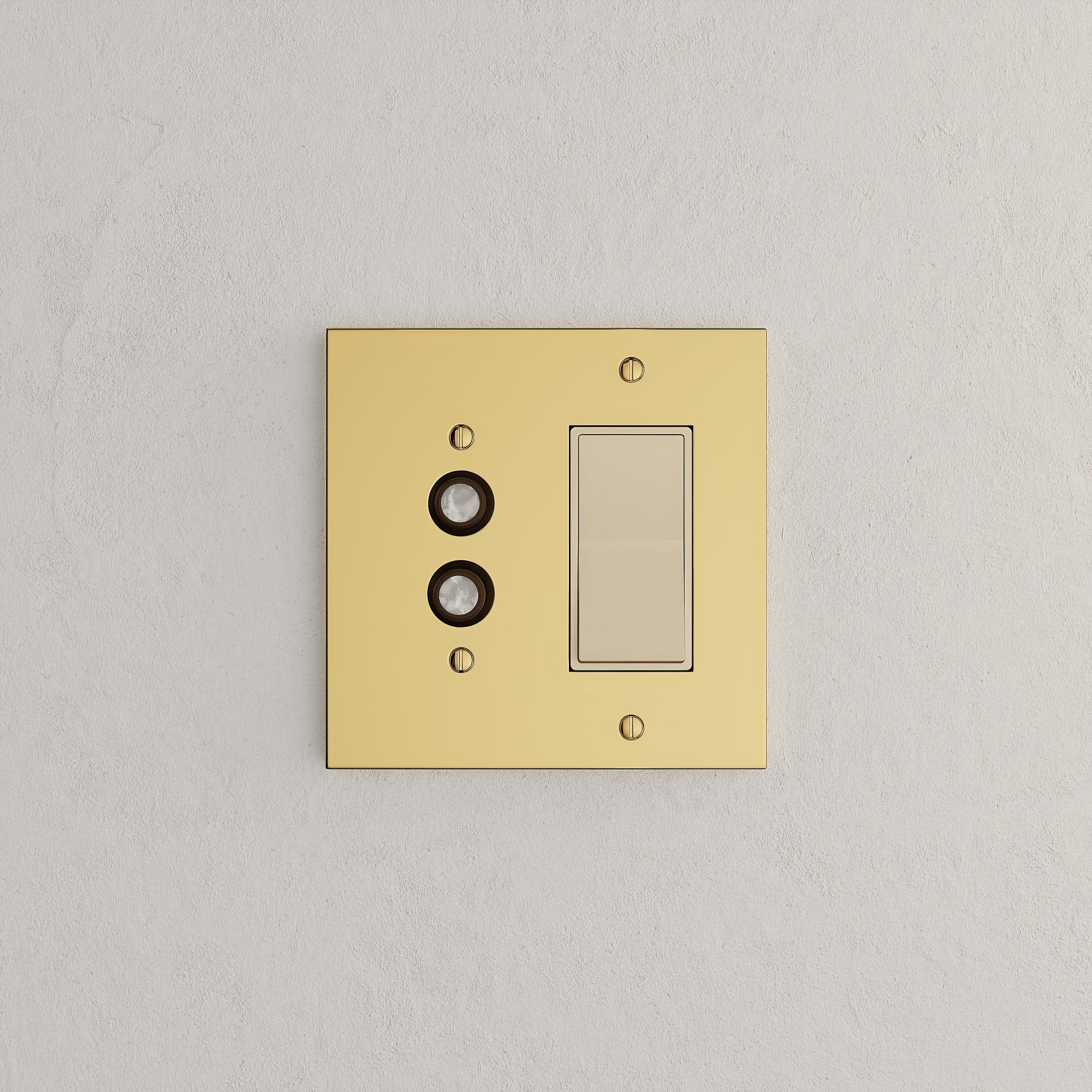 Solid brass Futura Push Button &amp; Open Wall Plate – Double in Polished Brass finish