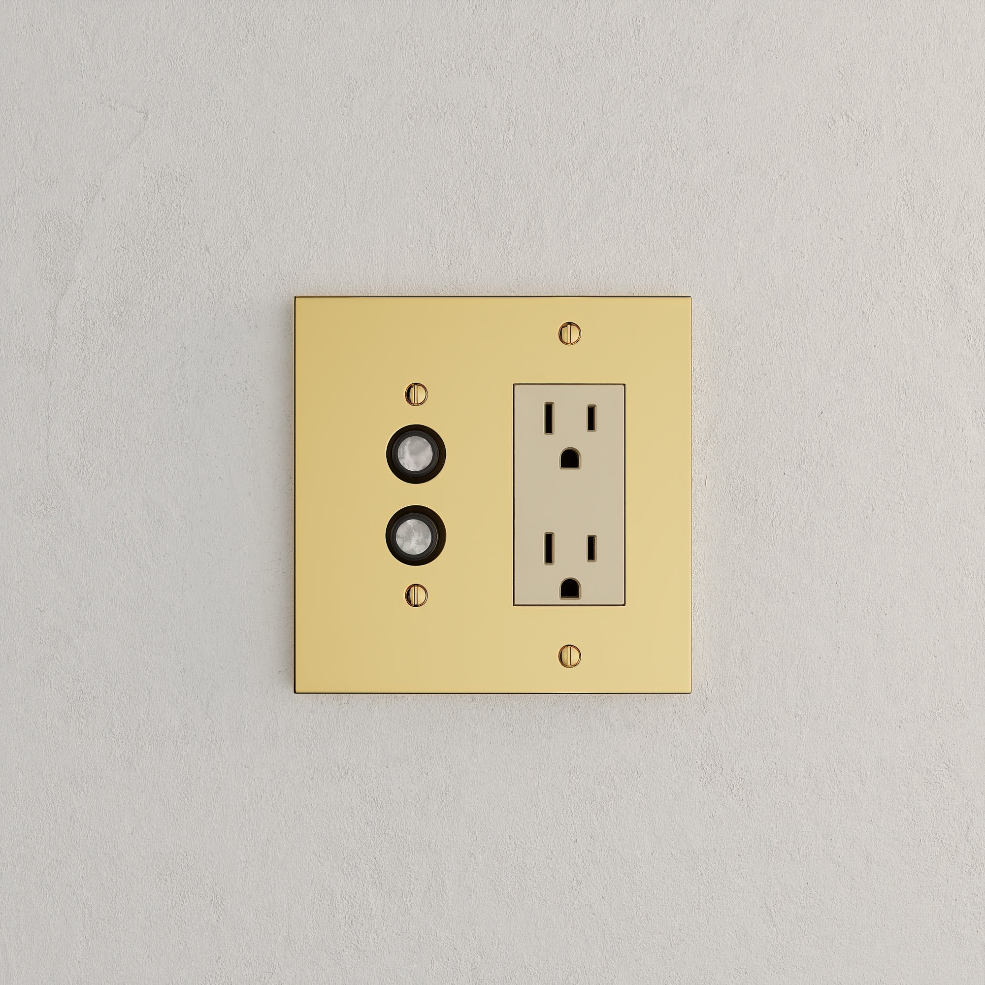 Solid brass Futura Push Button &amp; Open Wall Plate – Double in Polished Brass finish