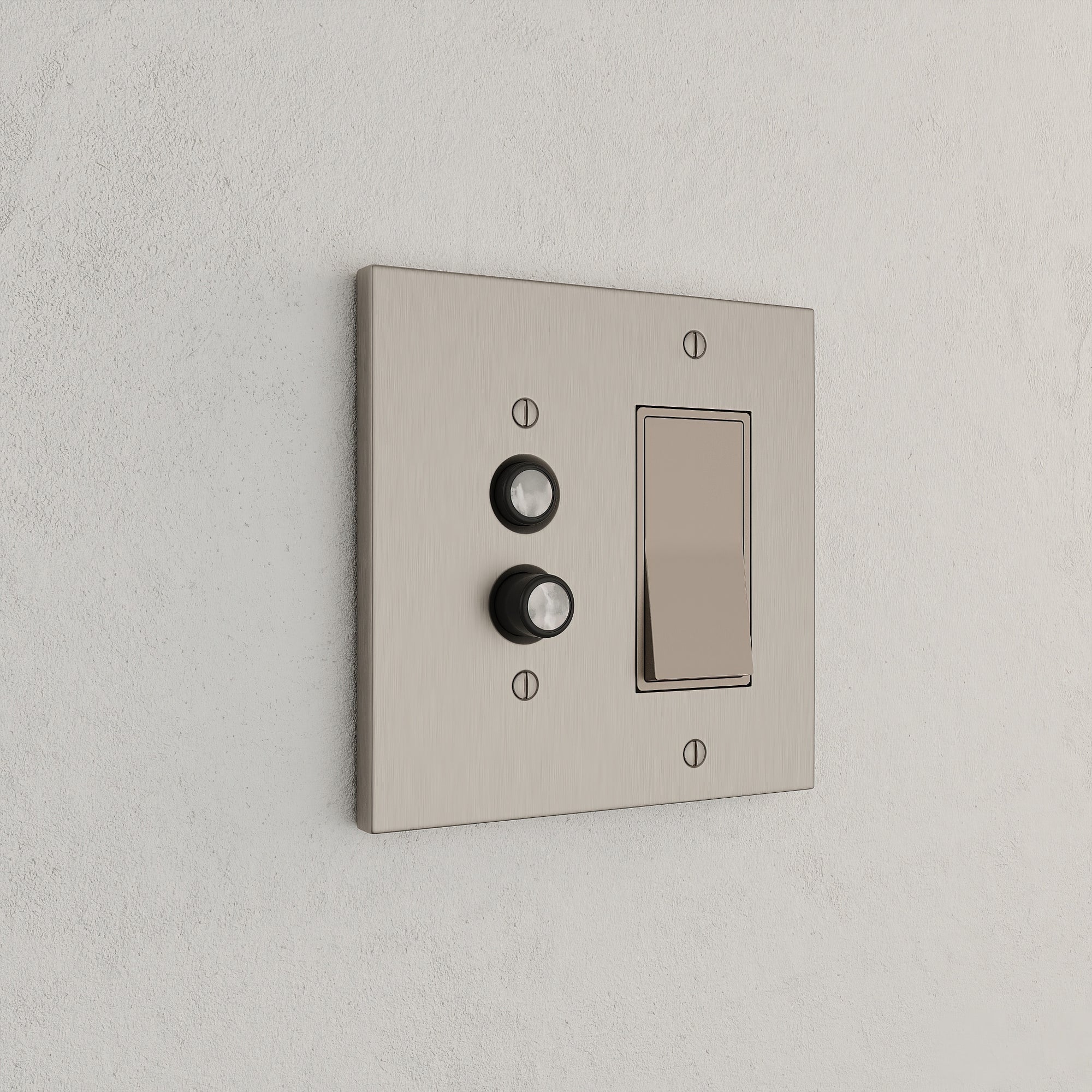 Solid brass Futura Push Button &amp; Open Wall Plate – Double in Satin Nickel finish