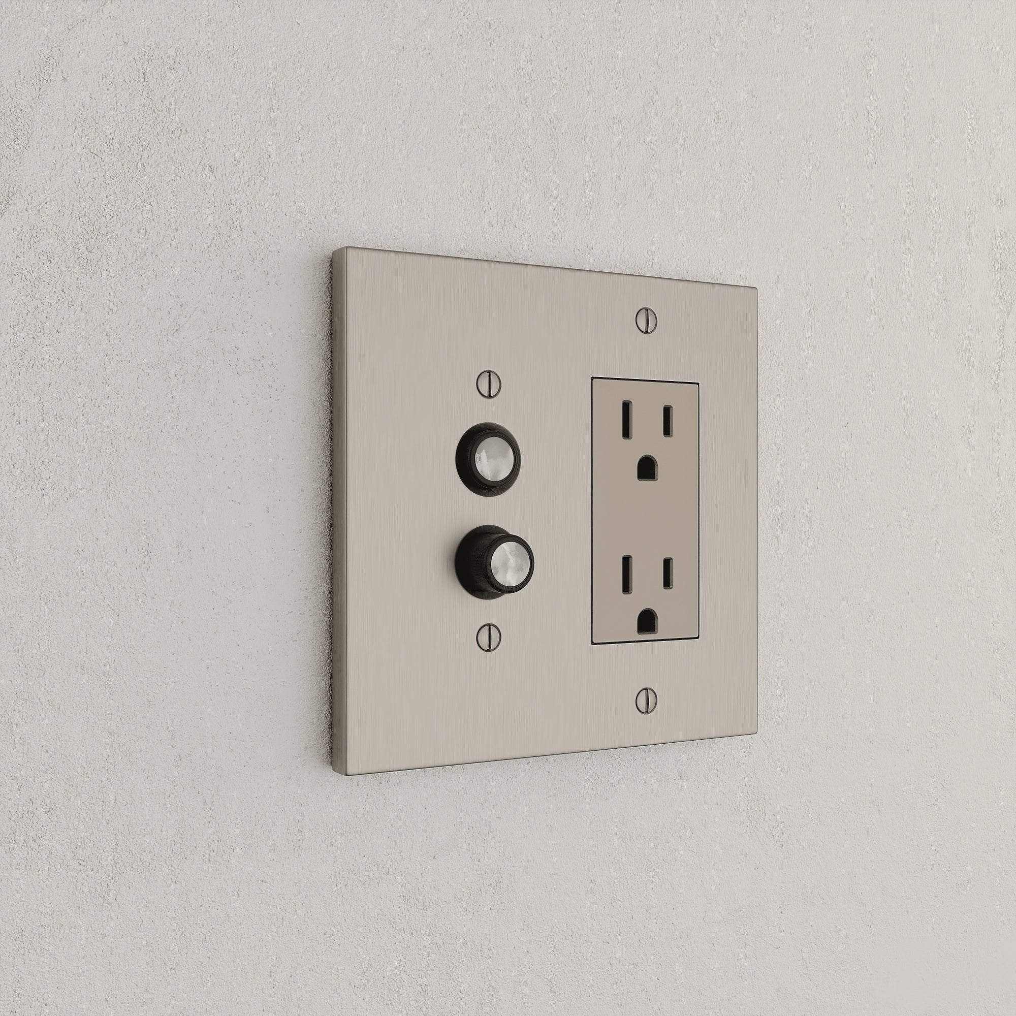 Solid brass Futura Push Button &amp; Open Wall Plate – Double in Satin Nickel finish