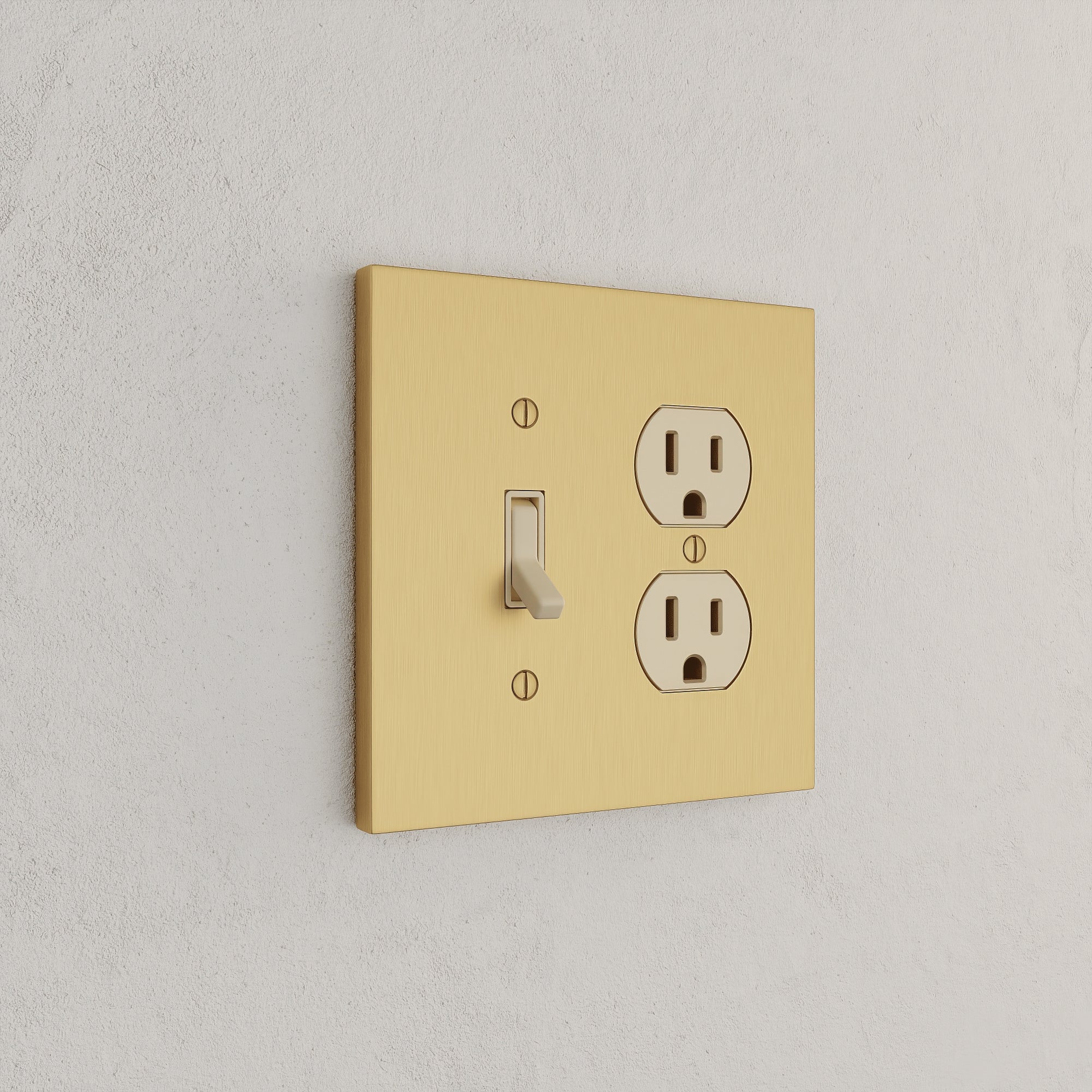 Solid brass Futura Toggle &amp; Outlet Wall Plate – Double in Satin Brass finish