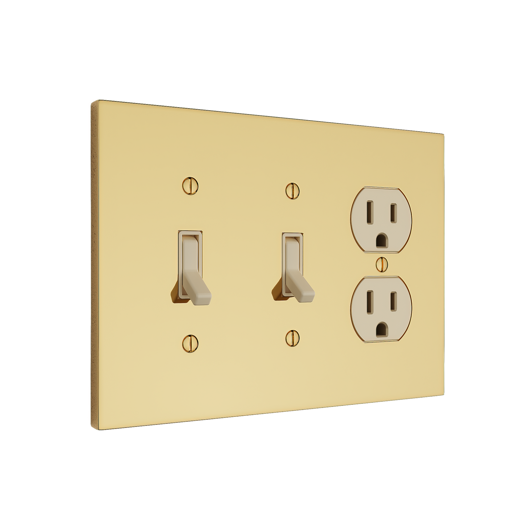Solid brass Futura Toggle &amp; Outlet Wall Plate – Triple in Polished Brass finish