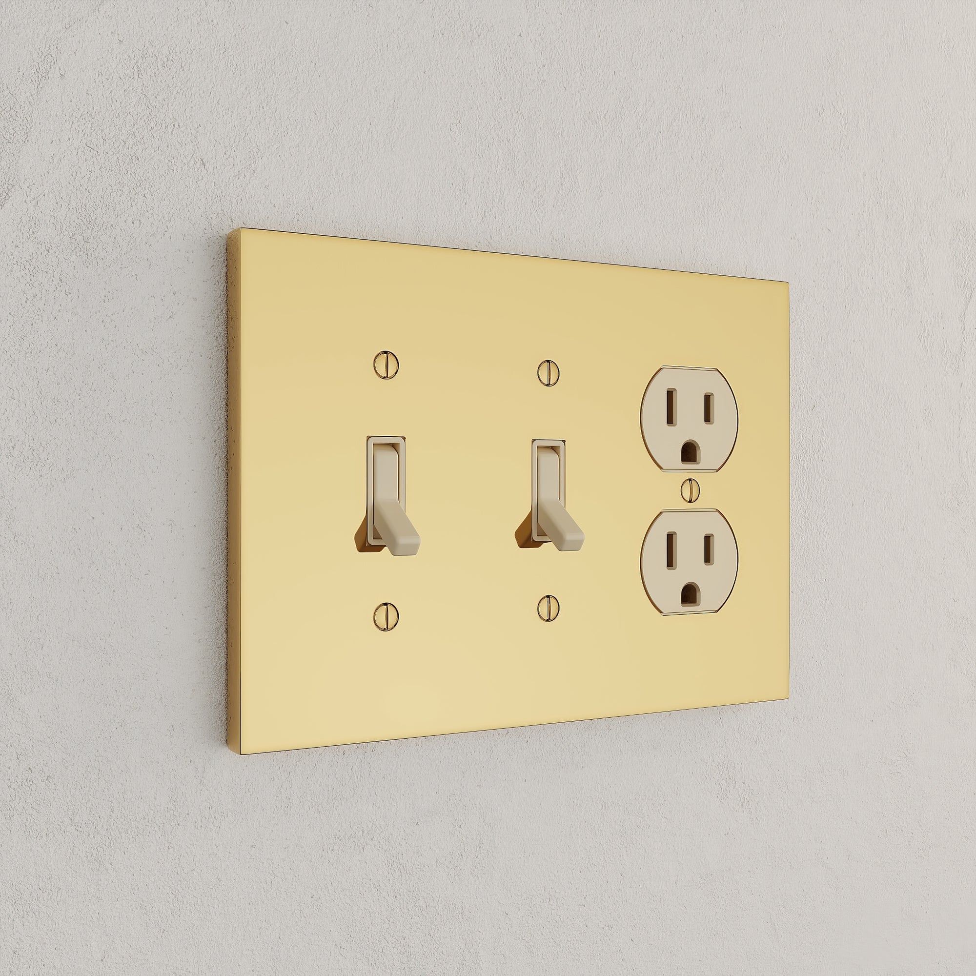 Solid brass Futura Toggle &amp; Outlet Wall Plate – Triple in Polished Brass finish