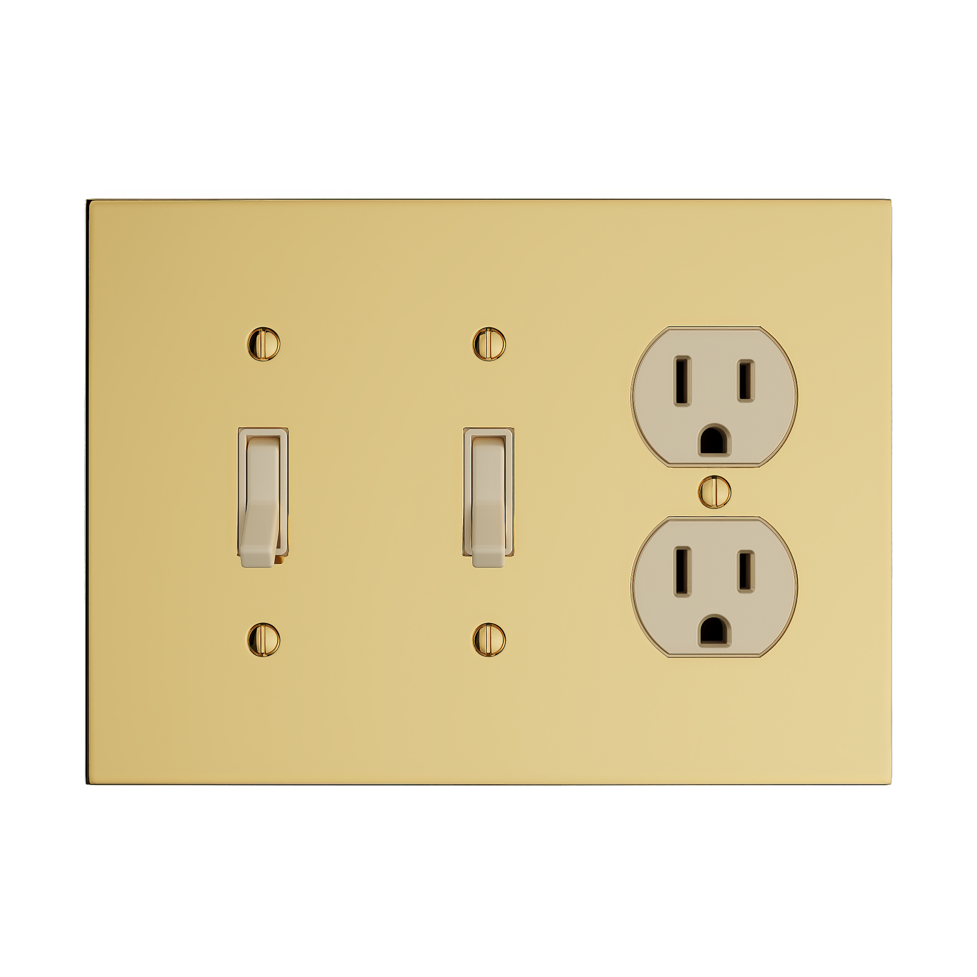Solid brass Futura Toggle &amp; Outlet Wall Plate – Triple in Polished Brass finish