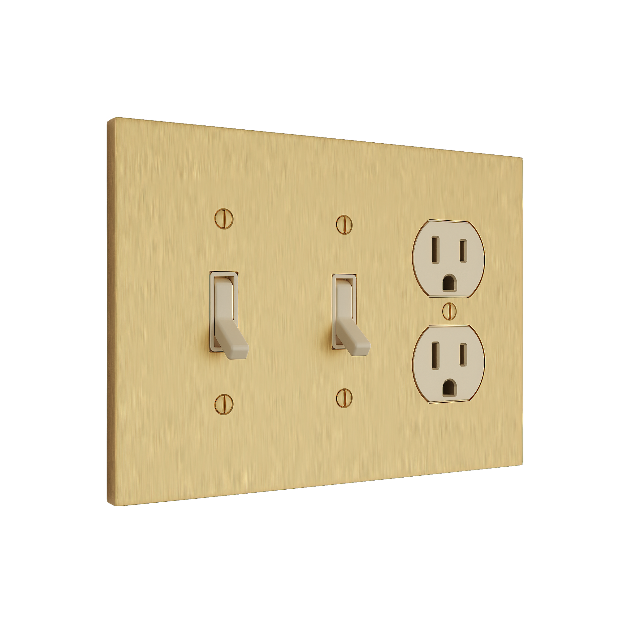 Solid brass Futura Toggle &amp; Outlet Wall Plate – Triple in Satin Brass finish