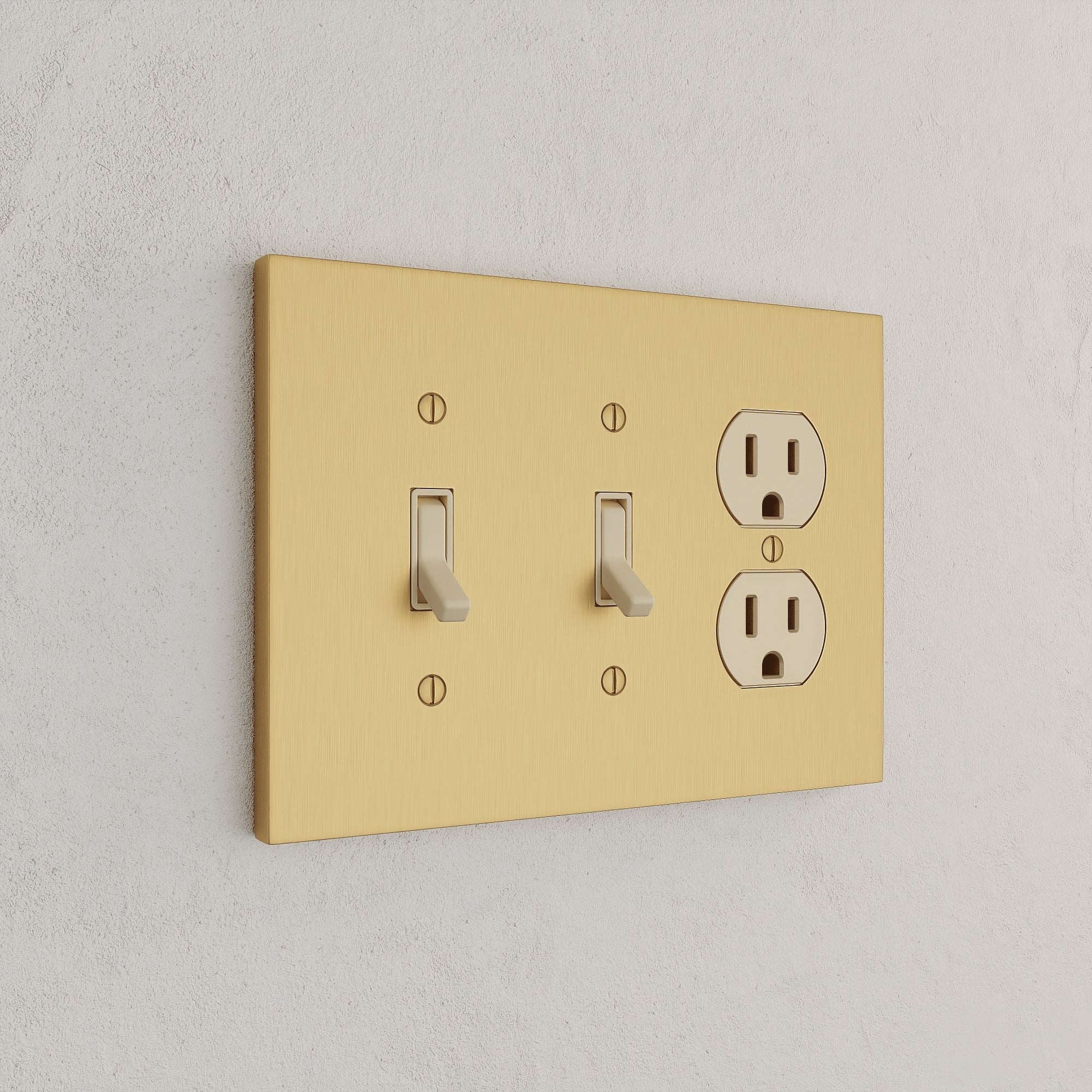 Solid brass Futura Toggle &amp; Outlet Wall Plate – Triple in Satin Brass finish