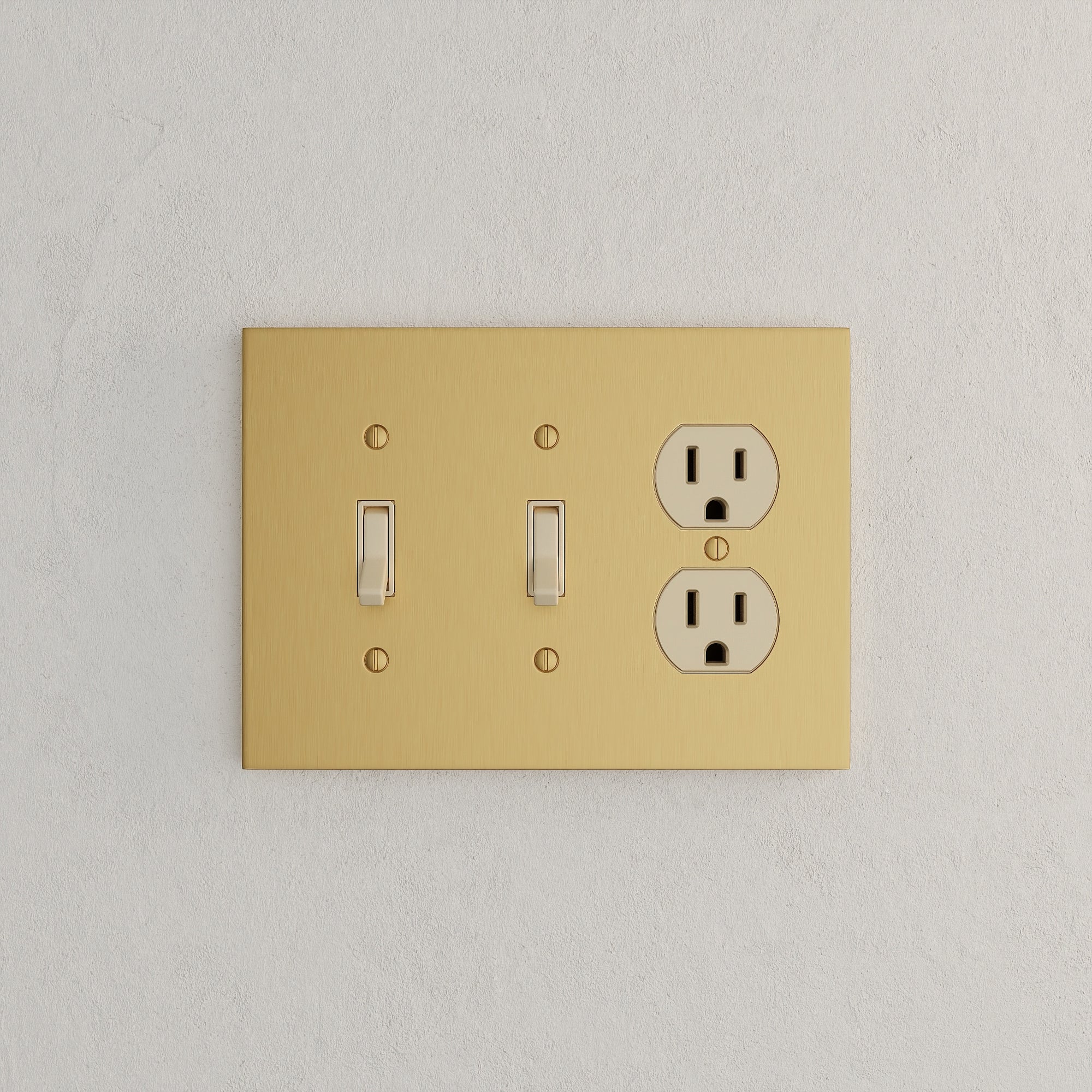 Solid brass Futura Toggle &amp; Outlet Wall Plate – Triple in Satin Brass finish