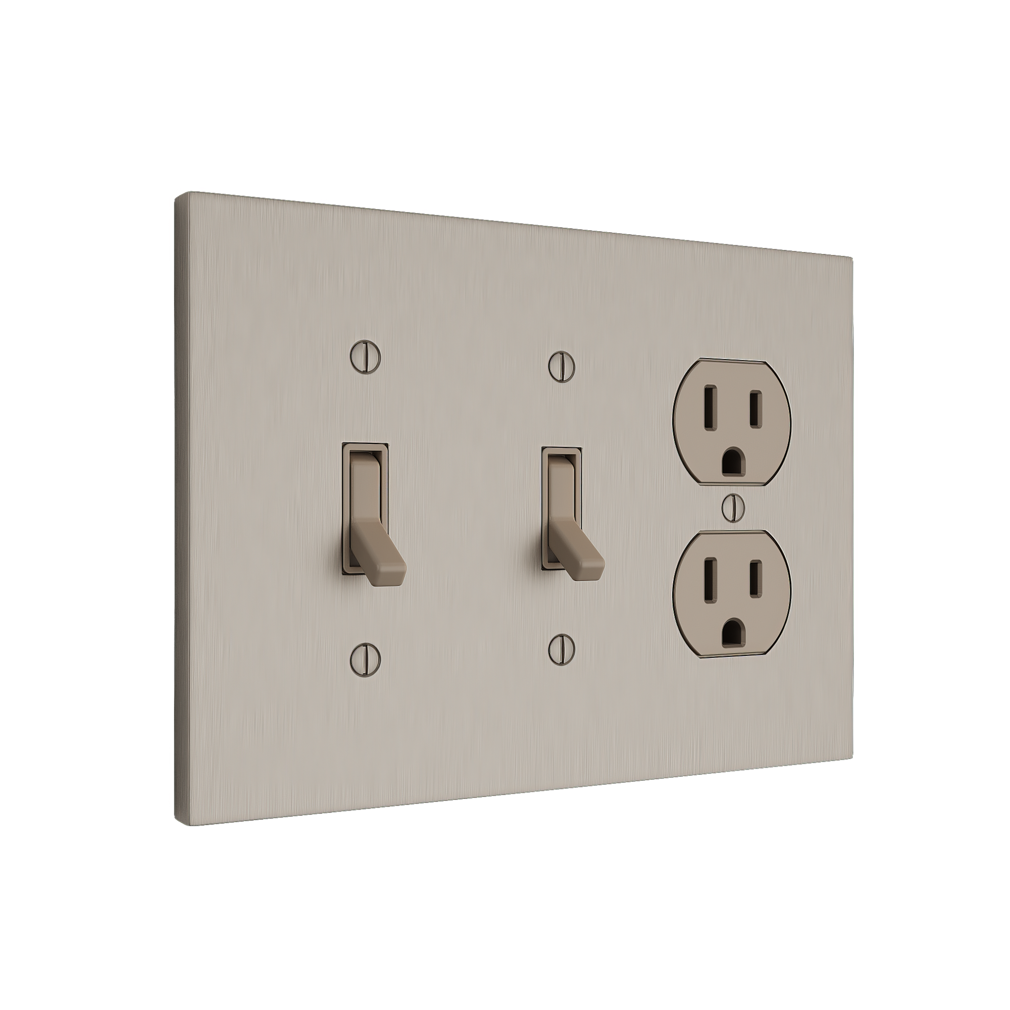 Solid brass Futura Toggle &amp; Outlet Wall Plate – Triple in Satin Nickel finish