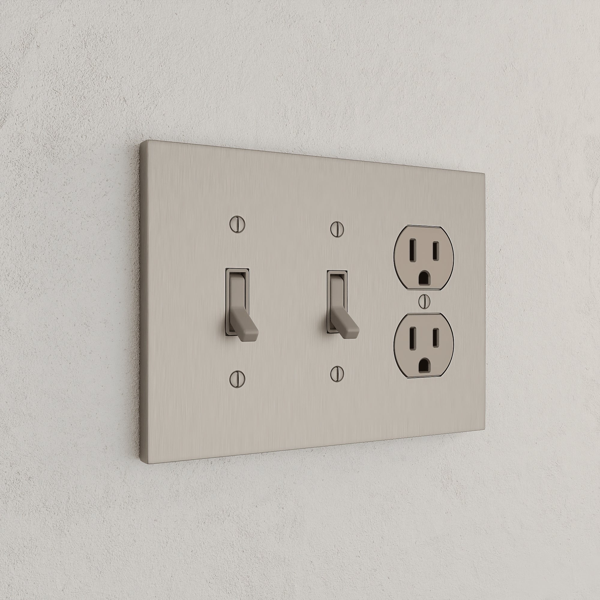 Solid brass Futura Toggle &amp; Outlet Wall Plate – Triple in Satin Nickel finish