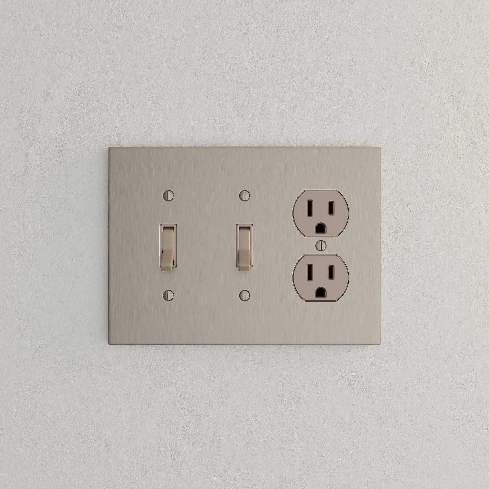 Solid brass Futura Toggle &amp; Outlet Wall Plate – Triple in Satin Nickel finish
